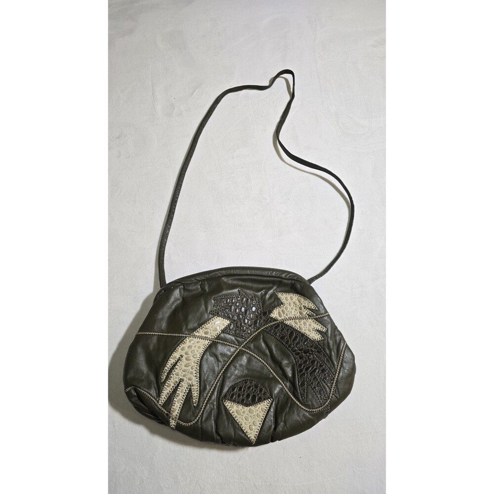 Vintage 80s Olive Green Leather Patchwork Crossbody Bag Abstract Exotic Embossed